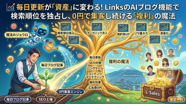📈 毎日更新が「資産」に変わる！LinksのAIブログ機能で検索順位を独占し、0円で集客し続ける「複利」の魔法